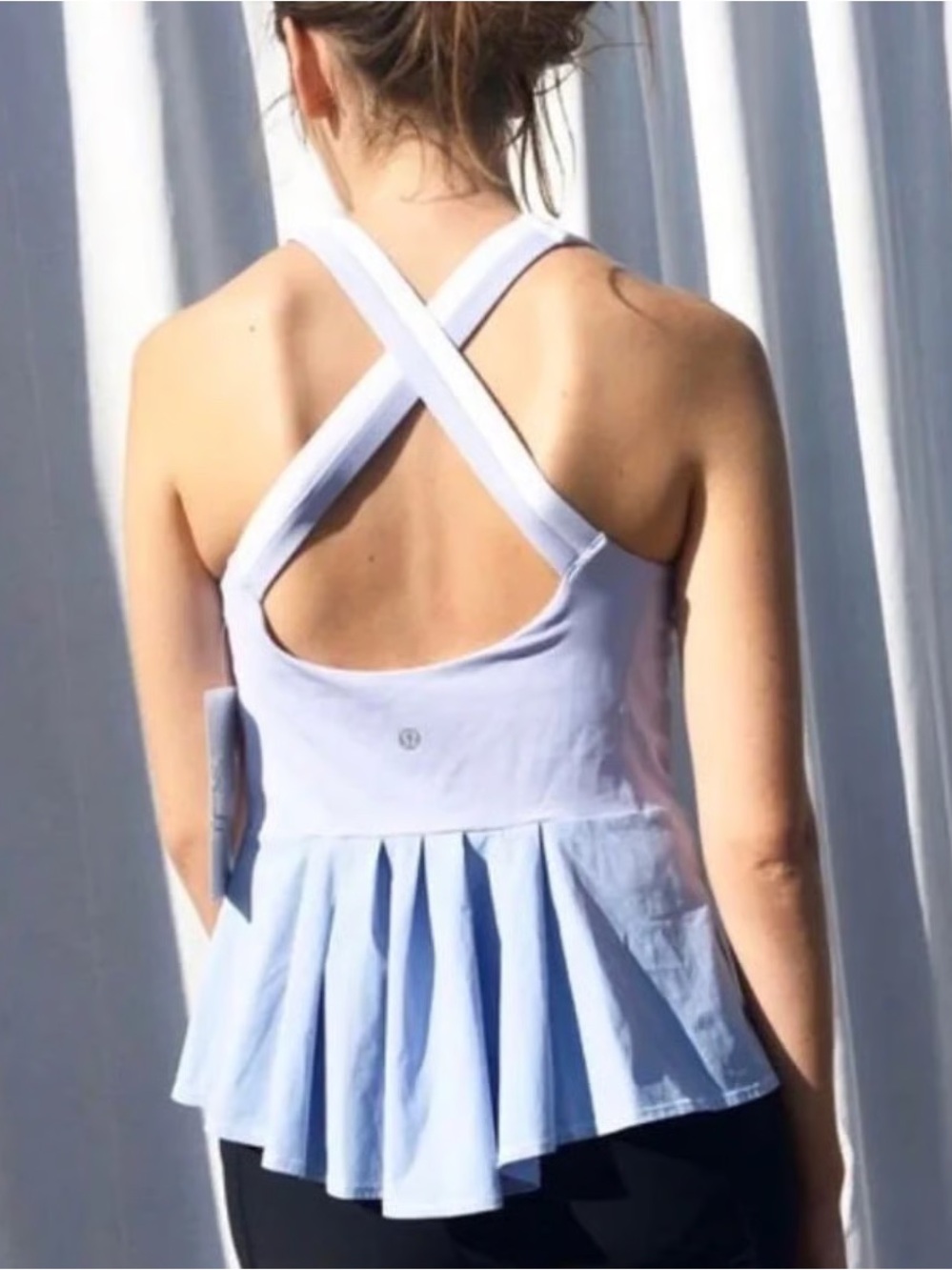 LULULEMON Peplum Flare Tank Top in Cool Breeze Crisscross Open Back RARE Sz. S